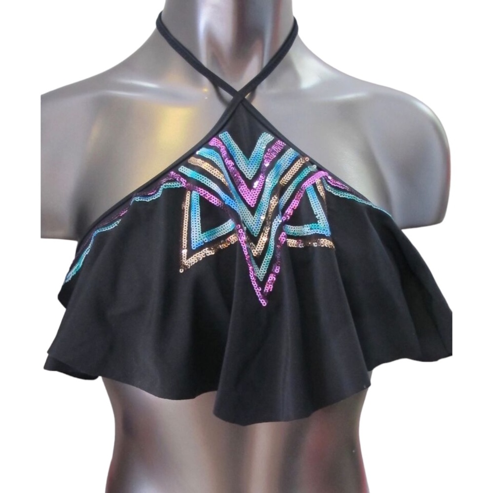 Victoria's Secret PINK Black W/ Geo Embellished High Neck Flounce Bikini Top S